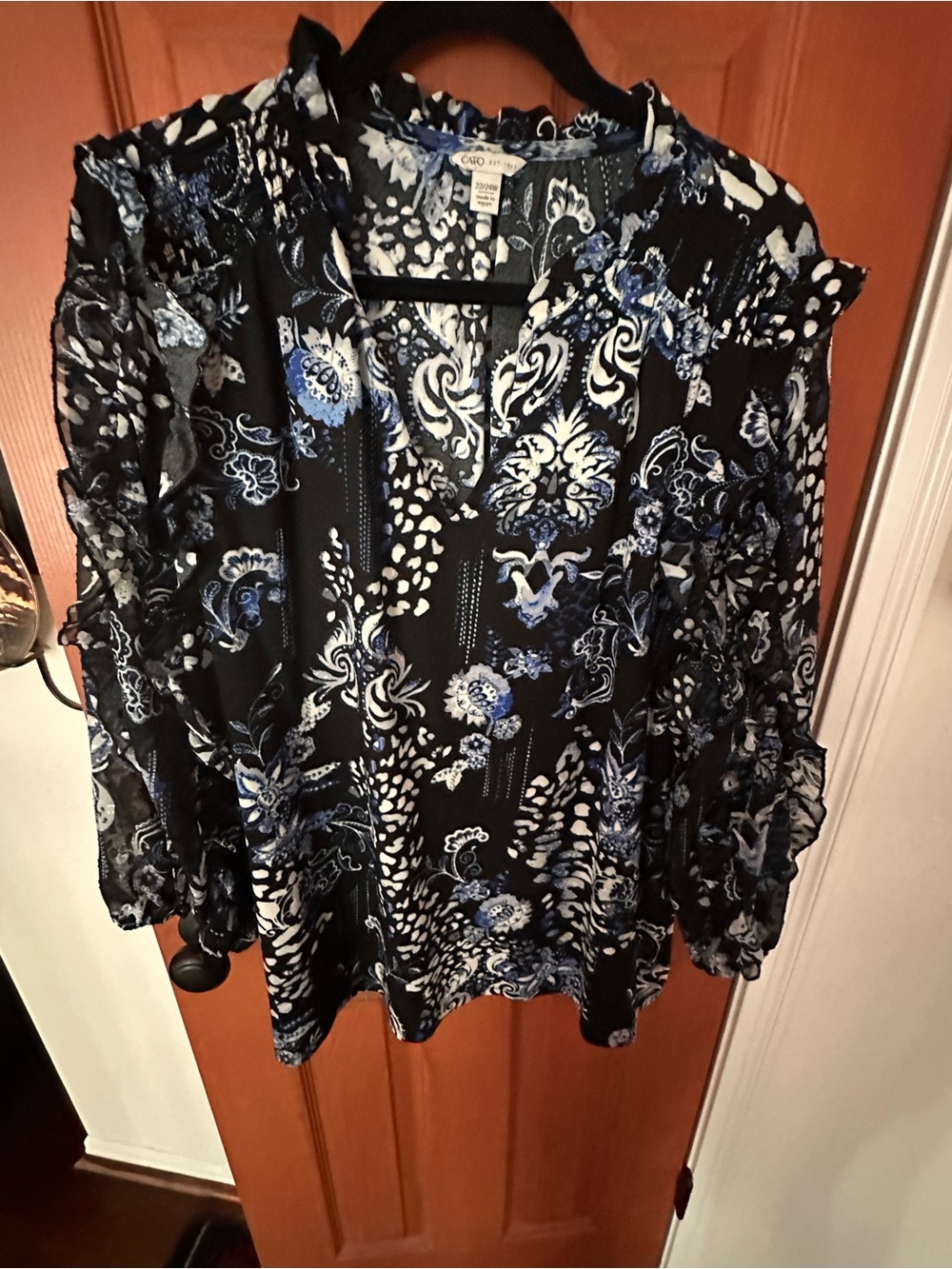 Cato Black and Blue Paisley V-Neck Long Sleeve Blouse